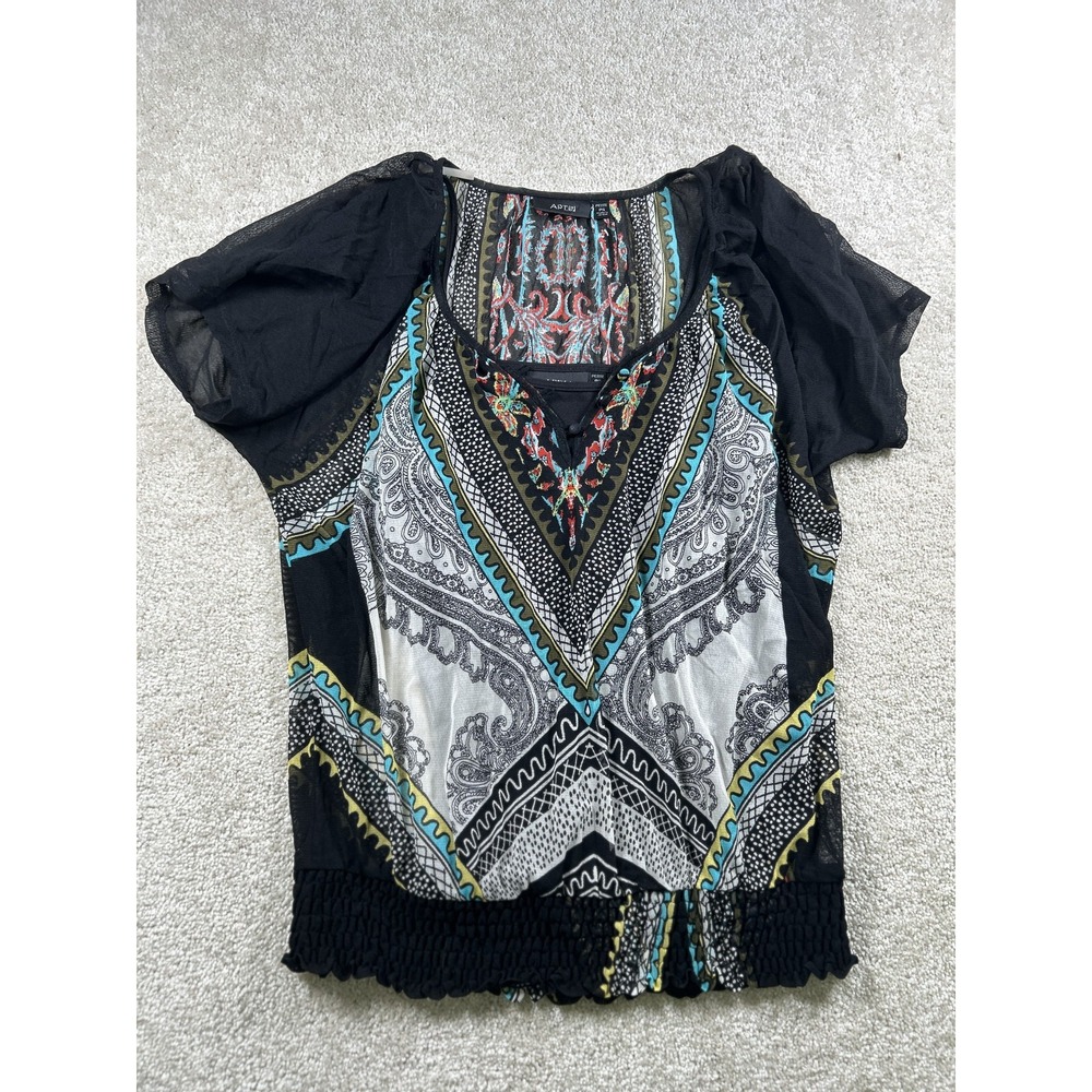 APT 9 Blouse Womens Petite Small Sheer Black Multicolor Boho Peasant Smocked Top